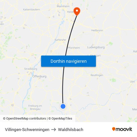 Villingen-Schwenningen to Waldhilsbach map