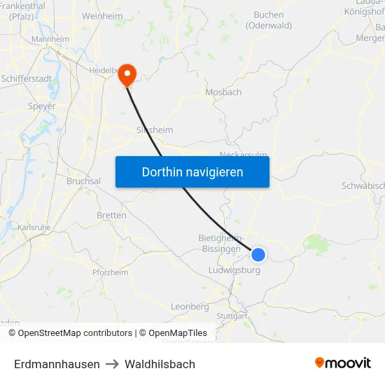 Erdmannhausen to Waldhilsbach map