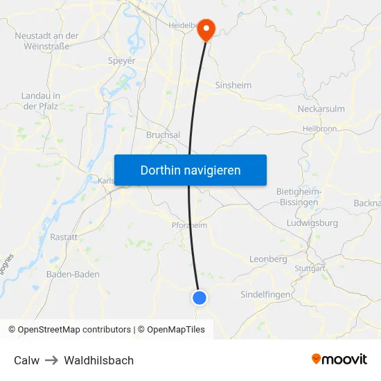 Calw to Waldhilsbach map