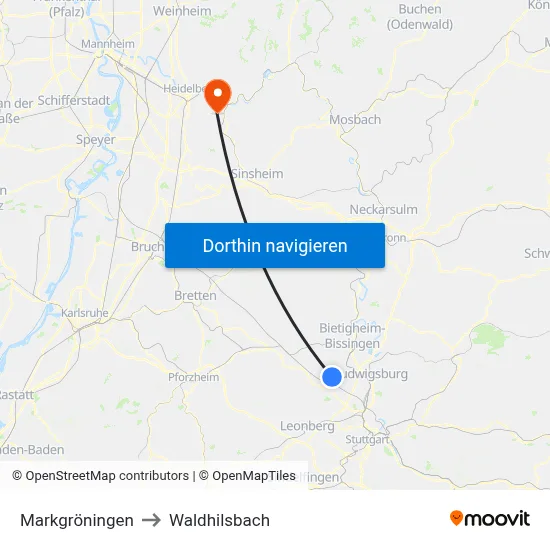 Markgröningen to Waldhilsbach map