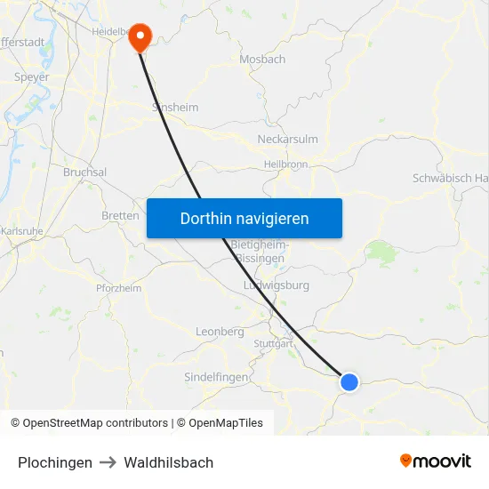 Plochingen to Waldhilsbach map