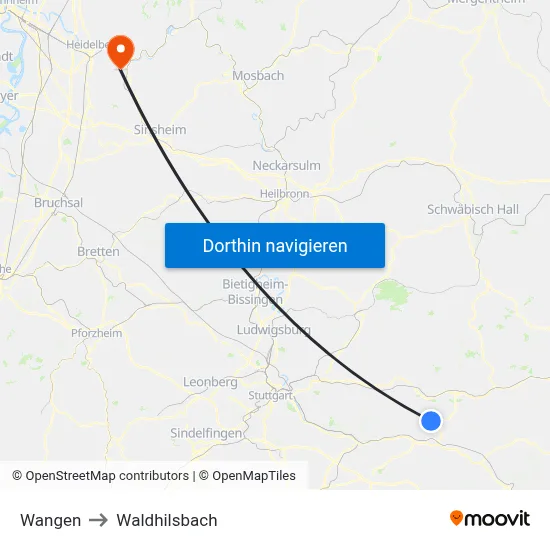 Wangen to Waldhilsbach map
