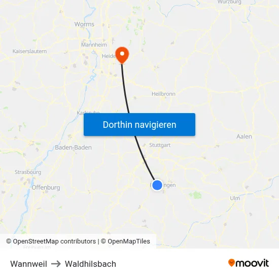 Wannweil to Waldhilsbach map