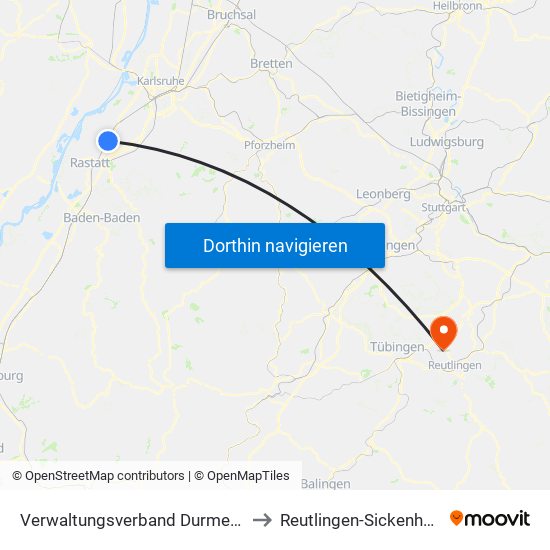 Verwaltungsverband Durmersheim to Reutlingen-Sickenhausen map