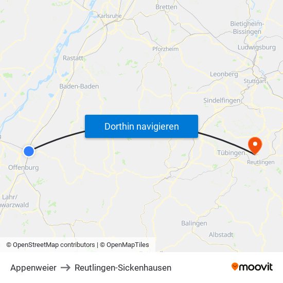 Appenweier to Reutlingen-Sickenhausen map