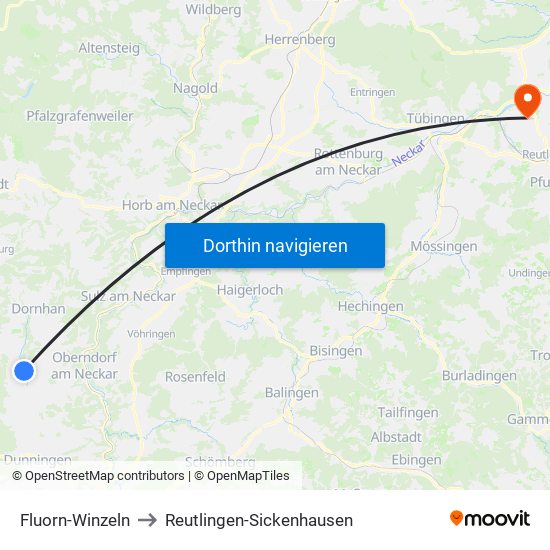 Fluorn-Winzeln to Reutlingen-Sickenhausen map