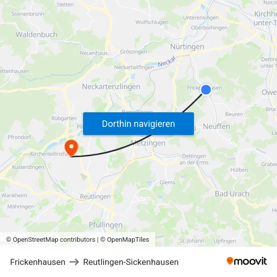 Frickenhausen to Reutlingen-Sickenhausen map