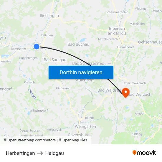 Herbertingen to Haidgau map