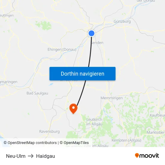 Neu-Ulm to Haidgau map
