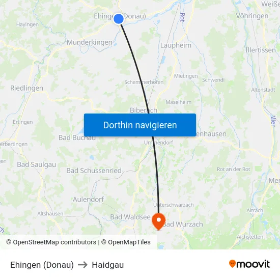 Ehingen (Donau) to Haidgau map