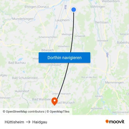 Hüttisheim to Haidgau map