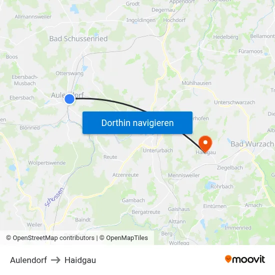 Aulendorf to Haidgau map