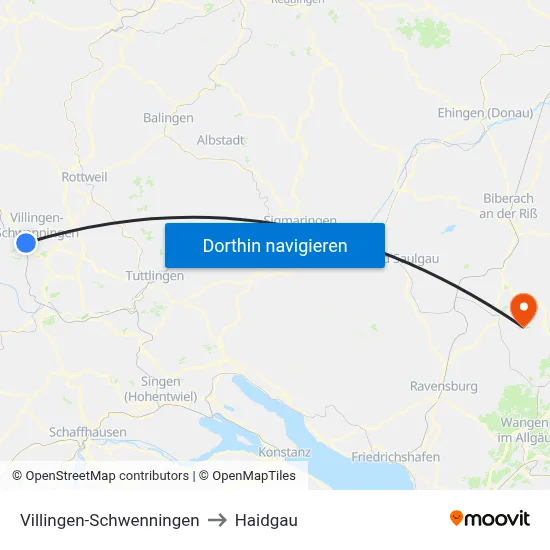 Villingen-Schwenningen to Haidgau map