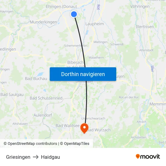 Griesingen to Haidgau map