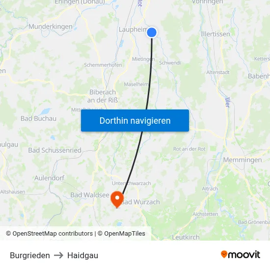 Burgrieden to Haidgau map