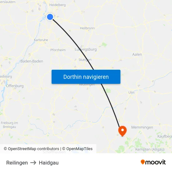 Reilingen to Haidgau map