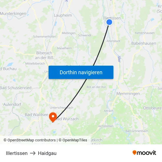 Illertissen to Haidgau map