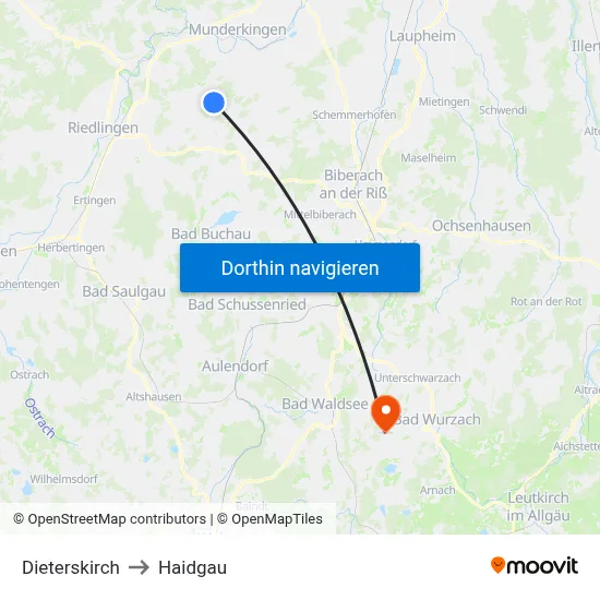 Dieterskirch to Haidgau map