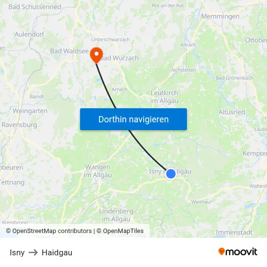 Isny to Haidgau map