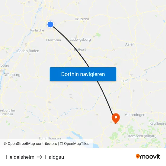 Heidelsheim to Haidgau map