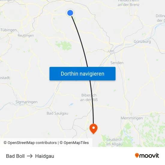 Bad Boll to Haidgau map