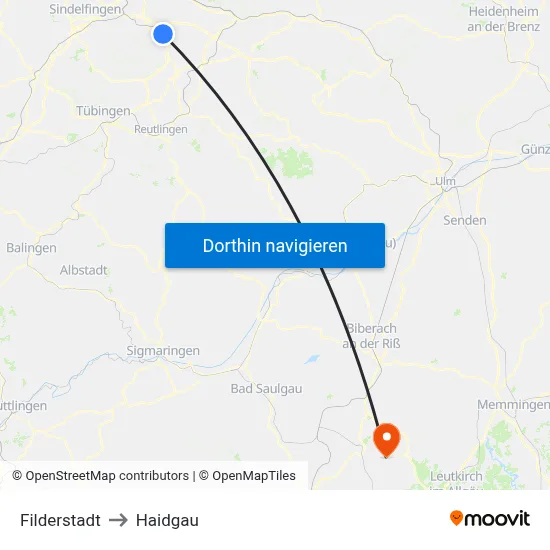 Filderstadt to Haidgau map