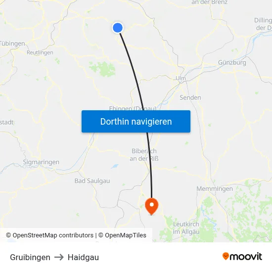 Gruibingen to Haidgau map