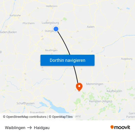 Waiblingen to Haidgau map
