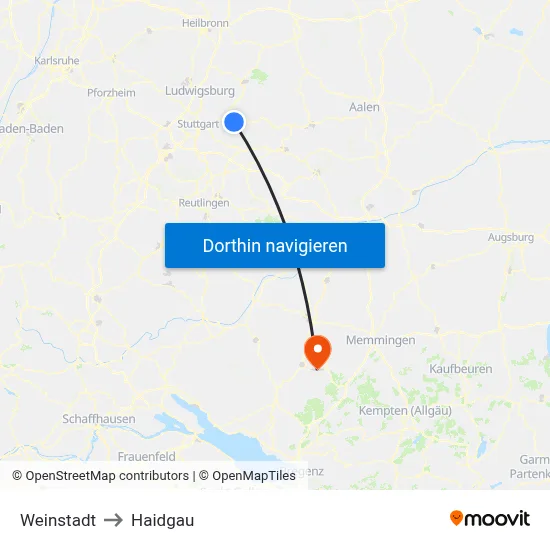 Weinstadt to Haidgau map