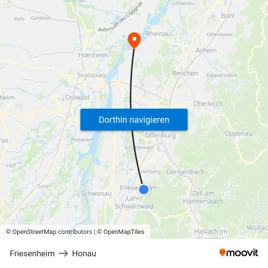Friesenheim to Honau map