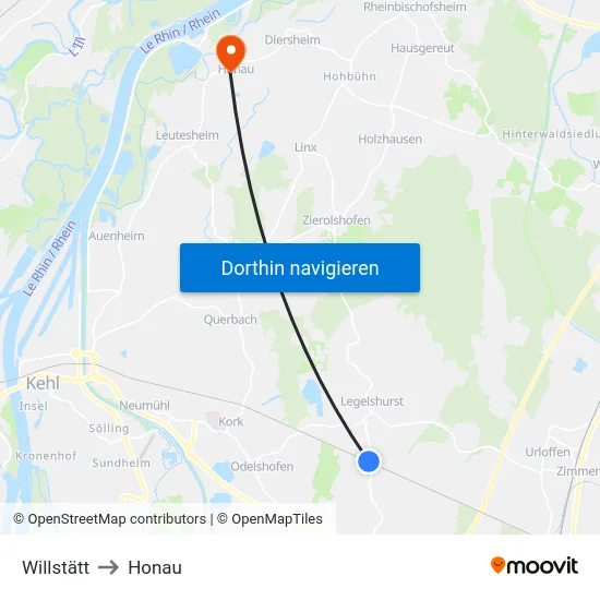 Willstätt to Honau map