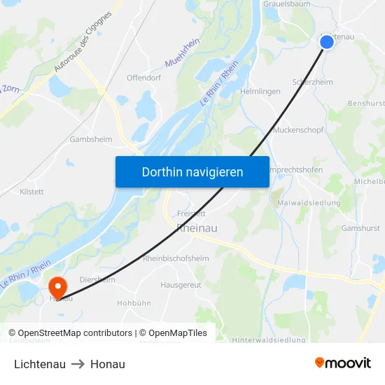 Lichtenau to Honau map
