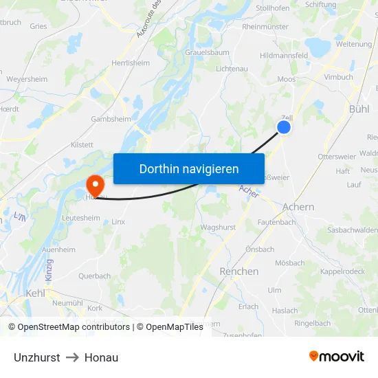 Unzhurst to Honau map