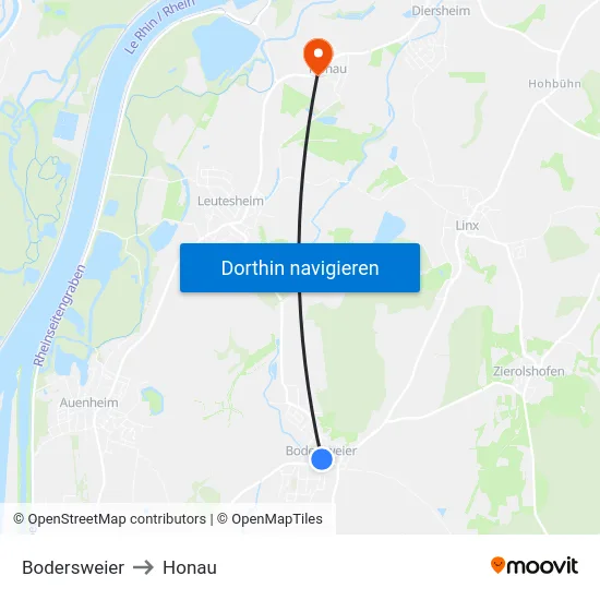 Bodersweier to Honau map