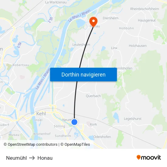 Neumühl to Honau map