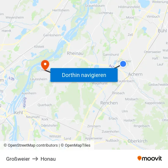 Großweier to Honau map