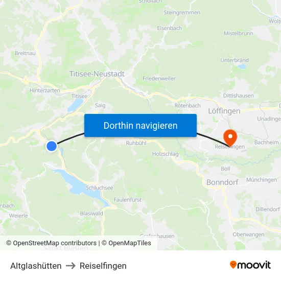 Altglashütten to Reiselfingen map