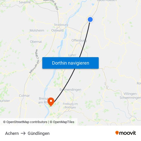 Achern to Gündlingen map