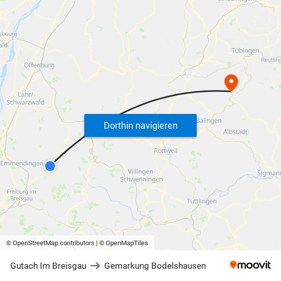 Gutach Im Breisgau to Gemarkung Bodelshausen map