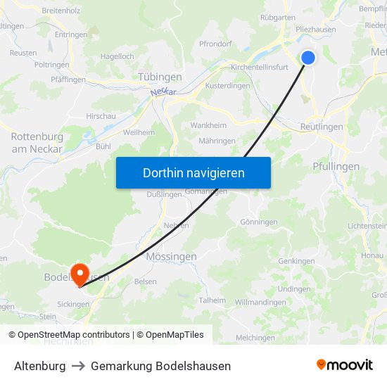 Altenburg to Gemarkung Bodelshausen map