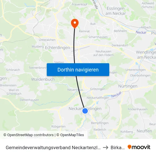 Gemeindeverwaltungsverband Neckartenzlingen to Birkach map