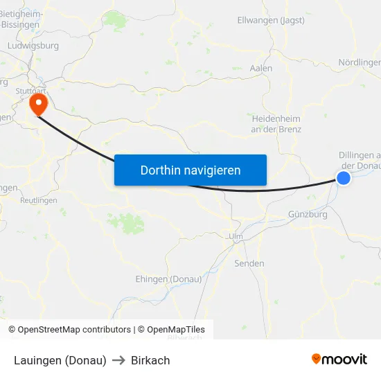 Lauingen (Donau) to Birkach map