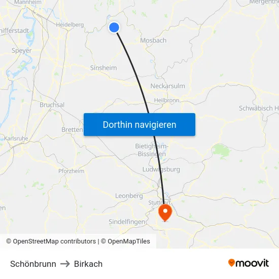 Schönbrunn to Birkach map