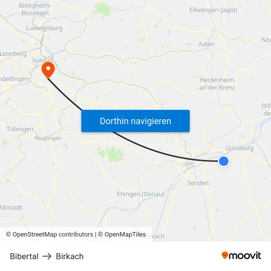 Bibertal to Birkach map