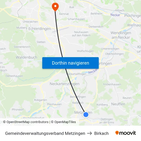 Gemeindeverwaltungsverband Metzingen to Birkach map