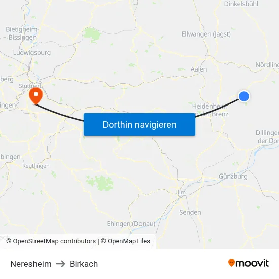 Neresheim to Birkach map