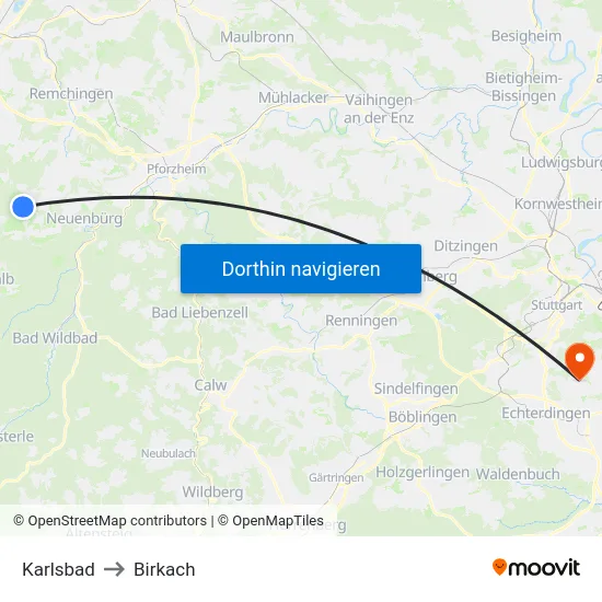 Karlsbad to Birkach map