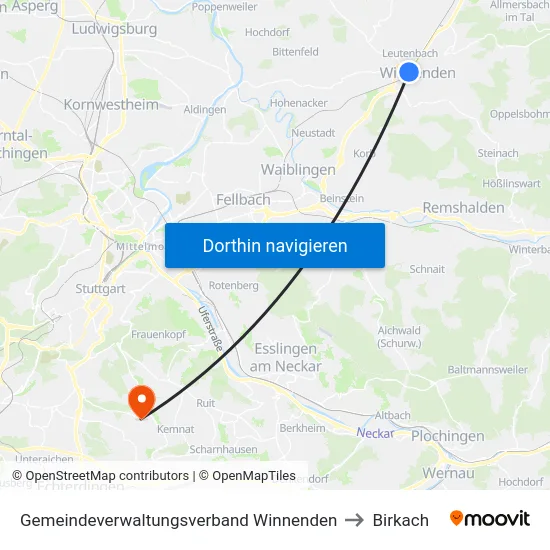 Gemeindeverwaltungsverband Winnenden to Birkach map
