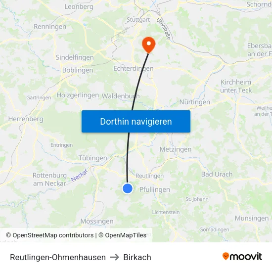 Reutlingen-Ohmenhausen to Birkach map