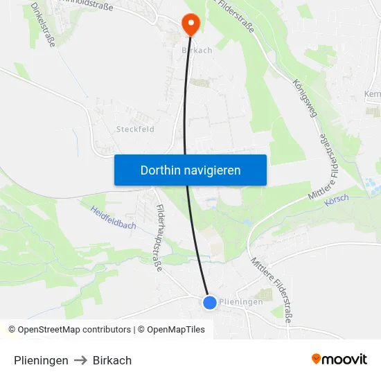 Plieningen to Birkach map